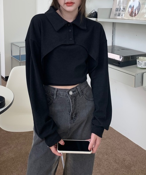 by muni:r（バイ ムニール）の「ユニークレイヤード長袖キャミソールSET（Tシャツ/カットソー・レディース・ブラウン/ホワイト/ブラック・FREE）」の7枚目の写真