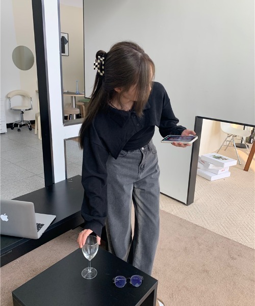 by muni:r（バイ ムニール）の「ユニークレイヤード長袖キャミソールSET（Tシャツ/カットソー・レディース・ブラウン/ホワイト/ブラック・FREE）」の8枚目の写真