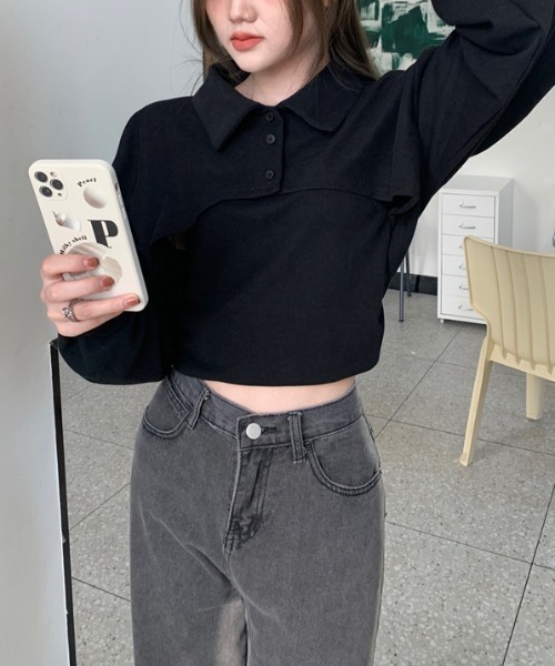 by muni:r（バイ ムニール）の「ユニークレイヤード長袖キャミソールSET（Tシャツ/カットソー・レディース・ブラウン/ホワイト/ブラック・FREE）」の10枚目の写真