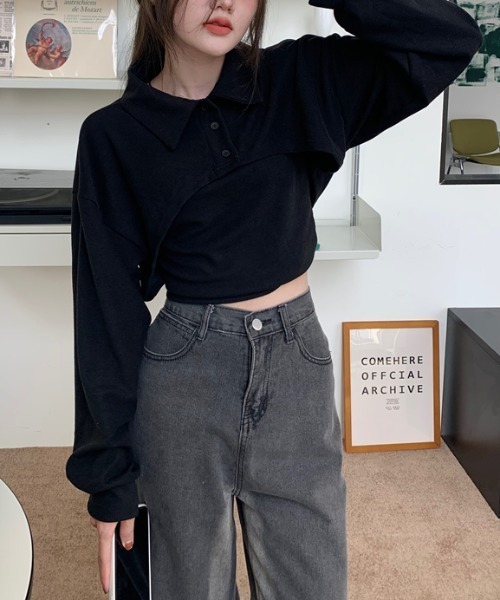 by muni:r（バイ ムニール）の「ユニークレイヤード長袖キャミソールSET（Tシャツ/カットソー・レディース・ブラウン/ホワイト/ブラック・FREE）」の12枚目の写真