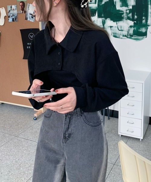 by muni:r（バイ ムニール）の「ユニークレイヤード長袖キャミソールSET（Tシャツ/カットソー・レディース・ブラウン/ホワイト/ブラック・FREE）」の13枚目の写真