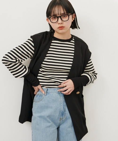 Aunt Marie's（アントマリーズ）の「ロングスリーブリブカットソー（Tシャツ/カットソー・レディース・ホワイト×ブラック/ブラック/ライトグリーン/ライトブルー/イエロー/ピンク・FREE）」の2枚目の写真