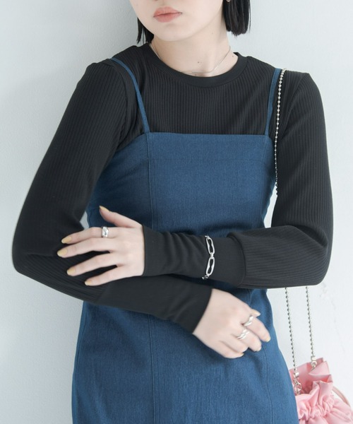 Aunt Marie's（アントマリーズ）の「ロングスリーブリブカットソー（Tシャツ/カットソー・レディース・ホワイト×ブラック/ブラック/ライトグリーン/ライトブルー/イエロー/ピンク・FREE）」の3枚目の写真