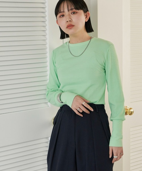 Aunt Marie's（アントマリーズ）の「ロングスリーブリブカットソー（Tシャツ/カットソー・レディース・ホワイト×ブラック/ブラック/ライトグリーン/ライトブルー/イエロー/ピンク・FREE）」の14枚目の写真