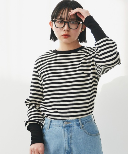 Aunt Marie's（アントマリーズ）の「ロングスリーブリブカットソー（Tシャツ/カットソー・レディース・ホワイト×ブラック/ブラック/ライトグリーン/ライトブルー/イエロー/ピンク・FREE）」の7枚目の写真