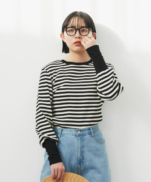 Aunt Marie's（アントマリーズ）の「ロングスリーブリブカットソー（Tシャツ/カットソー・レディース・ホワイト×ブラック/ブラック/ライトグリーン/ライトブルー/イエロー/ピンク・FREE）」の16枚目の写真