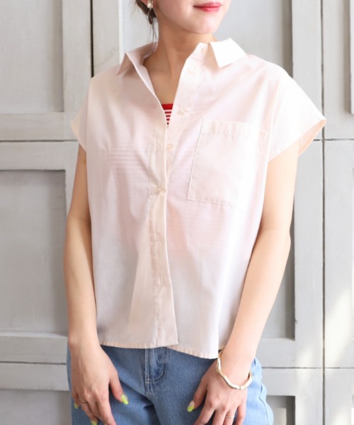 moment+（モーメントプラス）の「T/Cシャンブレー フレンチスリーブシャツ（シャツ/ブラウス・レディース・ブラウン/オフホワイト/オレンジ/ナチュラル/イエロー×グリーン・M）」の4枚目の写真