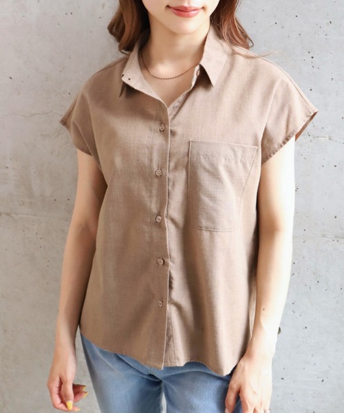 moment+（モーメントプラス）の「T/Cシャンブレー フレンチスリーブシャツ（シャツ/ブラウス・レディース・ブラウン/オフホワイト/オレンジ/ナチュラル/イエロー×グリーン・M）」の3枚目の写真