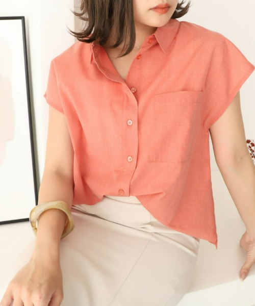 moment+（モーメントプラス）の「T/Cシャンブレー フレンチスリーブシャツ（シャツ/ブラウス・レディース・ブラウン/オフホワイト/オレンジ/ナチュラル/イエロー×グリーン・M）」の5枚目の写真