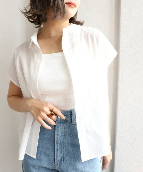 moment+（モーメントプラス）の「T/Cシャンブレー フレンチスリーブシャツ（シャツ/ブラウス・レディース・ブラウン/オフホワイト/オレンジ/ナチュラル/イエロー×グリーン・M）」の22枚目の写真