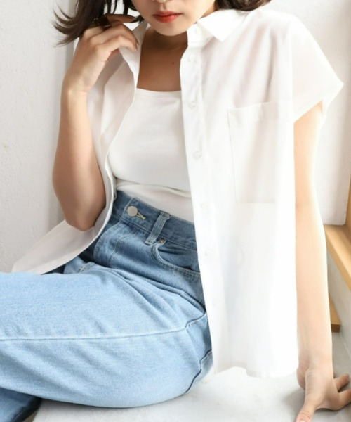 moment+（モーメントプラス）の「T/Cシャンブレー フレンチスリーブシャツ（シャツ/ブラウス・レディース・ブラウン/オフホワイト/オレンジ/ナチュラル/イエロー×グリーン・M）」の21枚目の写真