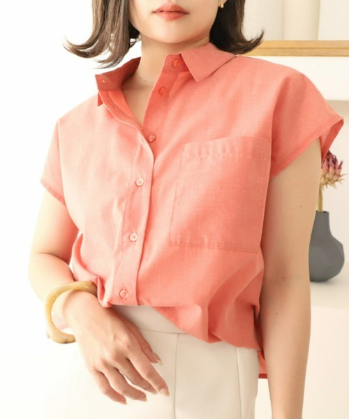 moment+（モーメントプラス）の「T/Cシャンブレー フレンチスリーブシャツ（シャツ/ブラウス・レディース・ブラウン/オフホワイト/オレンジ/ナチュラル/イエロー×グリーン・M）」の11枚目の写真