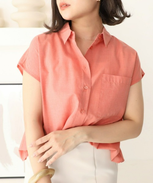 moment+（モーメントプラス）の「T/Cシャンブレー フレンチスリーブシャツ（シャツ/ブラウス・レディース・ブラウン/オフホワイト/オレンジ/ナチュラル/イエロー×グリーン・M）」の10枚目の写真