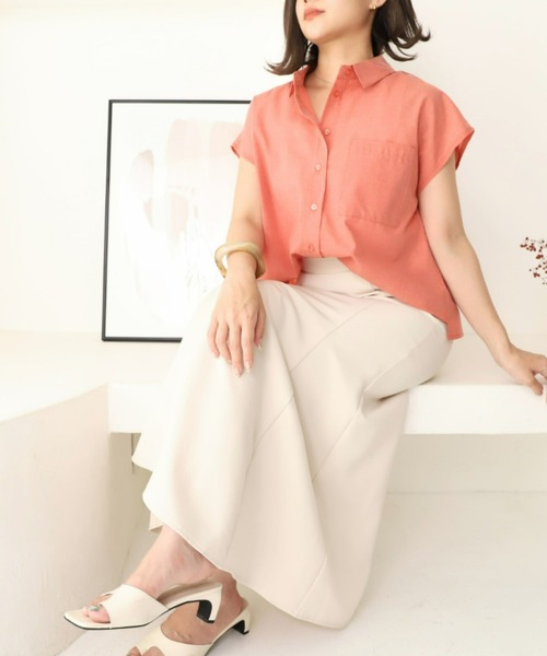 moment+（モーメントプラス）の「T/Cシャンブレー フレンチスリーブシャツ（シャツ/ブラウス・レディース・ブラウン/オフホワイト/オレンジ/ナチュラル/イエロー×グリーン・M）」の9枚目の写真