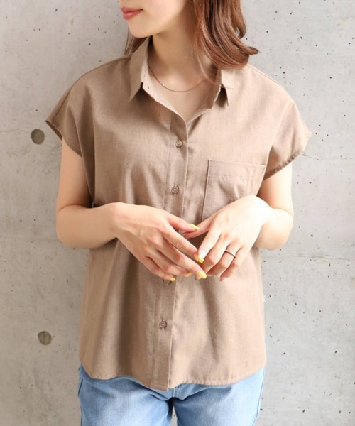 moment+（モーメントプラス）の「T/Cシャンブレー フレンチスリーブシャツ（シャツ/ブラウス・レディース・ブラウン/オフホワイト/オレンジ/ナチュラル/イエロー×グリーン・M）」の18枚目の写真