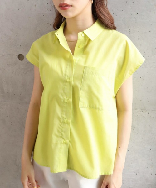 moment+（モーメントプラス）の「T/Cシャンブレー フレンチスリーブシャツ（シャツ/ブラウス・レディース・ブラウン/オフホワイト/オレンジ/ナチュラル/イエロー×グリーン・M）」の16枚目の写真