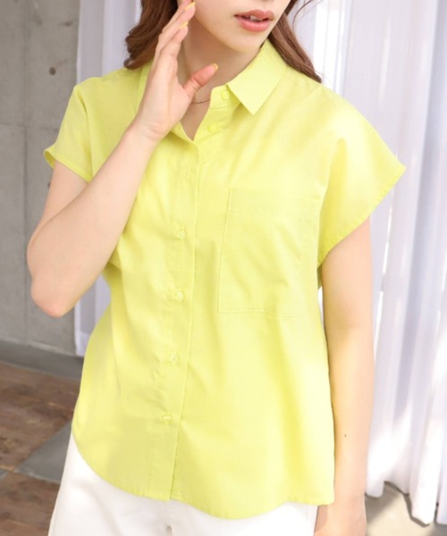 moment+（モーメントプラス）の「T/Cシャンブレー フレンチスリーブシャツ（シャツ/ブラウス・レディース・ブラウン/オフホワイト/オレンジ/ナチュラル/イエロー×グリーン・M）」の14枚目の写真