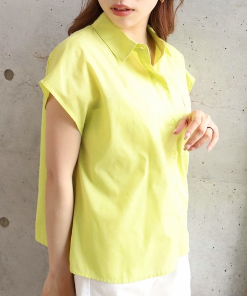moment+（モーメントプラス）の「T/Cシャンブレー フレンチスリーブシャツ（シャツ/ブラウス・レディース・ブラウン/オフホワイト/オレンジ/ナチュラル/イエロー×グリーン・M）」の15枚目の写真
