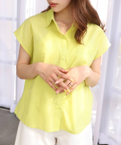 moment+（モーメントプラス）の「T/Cシャンブレー フレンチスリーブシャツ（シャツ/ブラウス・レディース・ブラウン/オフホワイト/オレンジ/ナチュラル/イエロー×グリーン・M）」の13枚目の写真