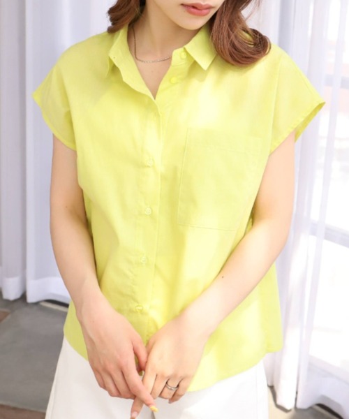 moment+（モーメントプラス）の「T/Cシャンブレー フレンチスリーブシャツ（シャツ/ブラウス・レディース・ブラウン/オフホワイト/オレンジ/ナチュラル/イエロー×グリーン・M）」の12枚目の写真