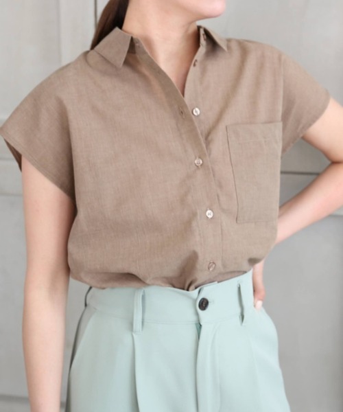 moment+（モーメントプラス）の「T/Cシャンブレー フレンチスリーブシャツ（シャツ/ブラウス・レディース・ブラウン/オフホワイト/オレンジ/ナチュラル/イエロー×グリーン・M）」の17枚目の写真