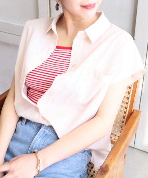 moment+（モーメントプラス）の「T/Cシャンブレー フレンチスリーブシャツ（シャツ/ブラウス・レディース・ブラウン/オフホワイト/オレンジ/ナチュラル/イエロー×グリーン・M）」の7枚目の写真