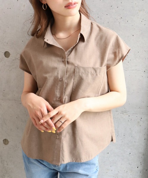 moment+（モーメントプラス）の「T/Cシャンブレー フレンチスリーブシャツ（シャツ/ブラウス・レディース・ブラウン/オフホワイト/オレンジ/ナチュラル/イエロー×グリーン・M）」の6枚目の写真