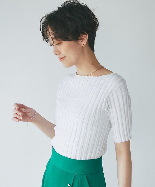 un dix cors(アンディコール)の「定番トップス ワイドリブ半袖ニットプルオーバー(ニット/セーター・レディース・ブラック/グリーン/オフホワイト/オレンジ・FREE)」の1枚目の写真