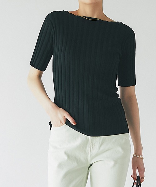 un dix cors(アンディコール)の「定番トップス ワイドリブ半袖ニットプルオーバー(ニット/セーター・レディース・ブラック/グリーン/オフホワイト/オレンジ・FREE)」の2枚目の写真