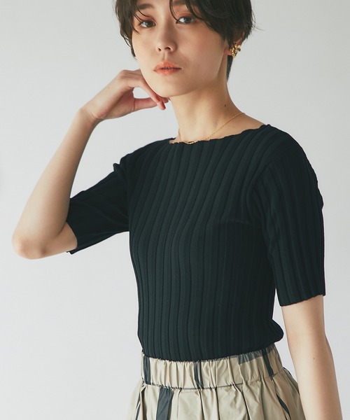 un dix cors(アンディコール)の「定番トップス ワイドリブ半袖ニットプルオーバー(ニット/セーター・レディース・ブラック/グリーン/オフホワイト/オレンジ・FREE)」の14枚目の写真