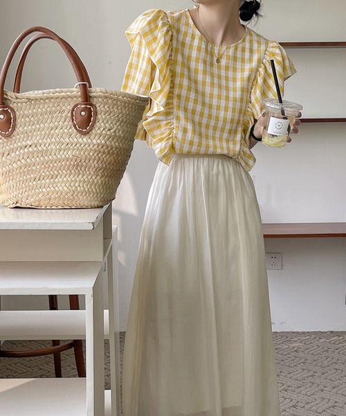 emi+(エミプラス)の「5分袖ギンガムチェックフリルブラウス(シャツ/ブラウス・レディース・ブラック/イエロー/ブルー/グリーン/ベージュ・FREE)」の8枚目の写真