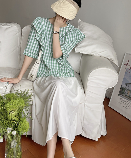 emi+(エミプラス)の「5分袖ギンガムチェックフリルブラウス(シャツ/ブラウス・レディース・ブラック/イエロー/ブルー/グリーン/ベージュ・FREE)」の12枚目の写真