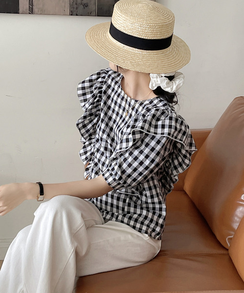 emi+(エミプラス)の「5分袖ギンガムチェックフリルブラウス(シャツ/ブラウス・レディース・ブラック/イエロー/ブルー/グリーン/ベージュ・FREE)」の16枚目の写真