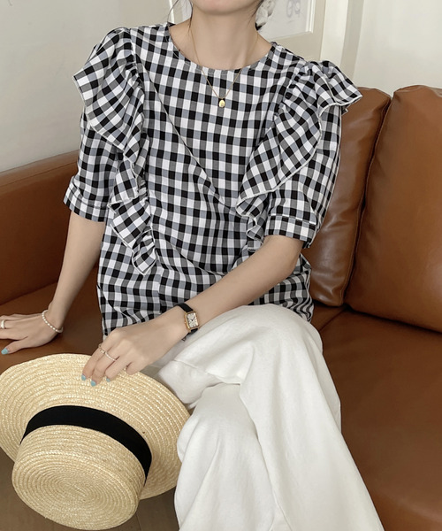 emi+(エミプラス)の「5分袖ギンガムチェックフリルブラウス(シャツ/ブラウス・レディース・ブラック/イエロー/ブルー/グリーン/ベージュ・FREE)」の18枚目の写真