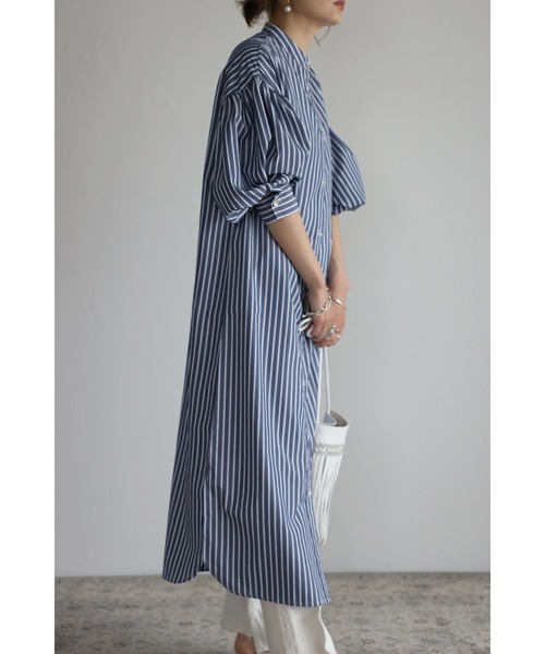 Bonjour Sagan（ボンジュールサガン）の「ボリュームスリーブストライプシャツワンピース（シャツワンピース・レディース・ネイビー×ホワイト・FREE）」の4枚目の写真