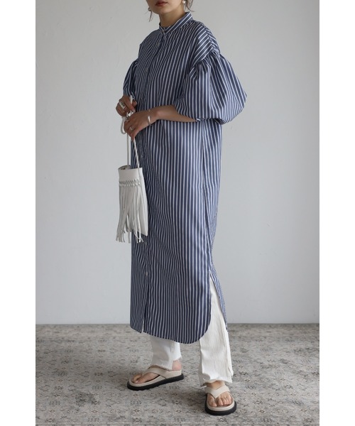 Bonjour Sagan（ボンジュールサガン）の「ボリュームスリーブストライプシャツワンピース（シャツワンピース・レディース・ネイビー×ホワイト・FREE）」の8枚目の写真