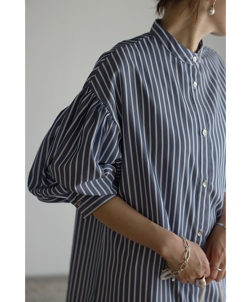 Bonjour Sagan（ボンジュールサガン）の「ボリュームスリーブストライプシャツワンピース（シャツワンピース・レディース・ネイビー×ホワイト・FREE）」の11枚目の写真
