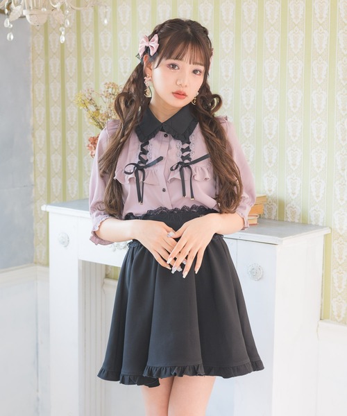 ROJITA(ロジータ)の「衿フリルダブルレースアップ配色ブラウス(シャツ/ブラウス・レディース・ホワイト/ブラック/ピンク・FREE)」の4枚目の写真