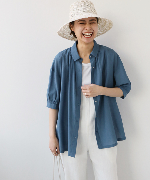 JOURNAL STANDARD relume(ジャーナルスタンダード レリューム)の「ギャザーパフブラウス(シャツ/ブラウス・レディース・ホワイト/ネイビー/ブルー系その他・FREE)」の1枚目の写真