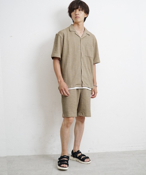 MinoriTY(マイノリティ)の「【3点セット】スラブジャガードセットアップ 半袖シャツ+ハーフパンツ+タンクトップ 夏服 メンズ(セットアップ・メンズ・ホワイト/ブラック/ベージュ/ネイビー・M/L/XL)」の3枚目の写真