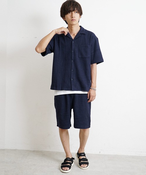 MinoriTY(マイノリティ)の「【3点セット】スラブジャガードセットアップ 半袖シャツ+ハーフパンツ+タンクトップ 夏服 メンズ(セットアップ・メンズ・ホワイト/ブラック/ベージュ/ネイビー・M/L/XL)」の4枚目の写真