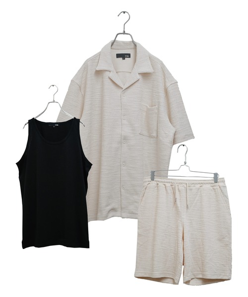 MinoriTY(マイノリティ)の「【3点セット】スラブジャガードセットアップ 半袖シャツ+ハーフパンツ+タンクトップ 夏服 メンズ(セットアップ・メンズ・ホワイト/ブラック/ベージュ/ネイビー・M/L/XL)」の17枚目の写真
