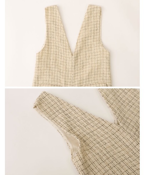 Re:EDIT（リエディ）の「[低身長/高身長サイズ有]ツイードライクVネックオールインワン（つなぎ/オールインワン・レディース・ベージュ系その他/ブラック系その他・MEDIUM/TALL/LARGE/SHORT）」の6枚目の写真