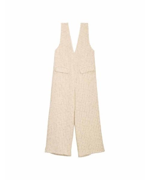 低身長/高身長サイズ有]ツイードライクVネックオールインワン（つなぎ