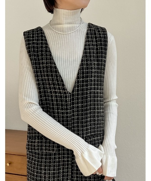 Re:EDIT（リエディ）の「[低身長/高身長サイズ有]ツイードライクVネックオールインワン（つなぎ/オールインワン・レディース・ベージュ系その他/ブラック系その他・MEDIUM/TALL/LARGE/SHORT）」の14枚目の写真