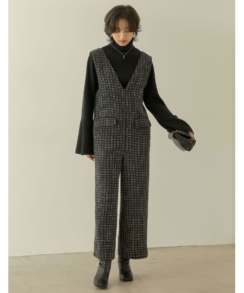 Re:EDIT（リエディ）の「[低身長/高身長サイズ有]ツイードライクVネックオールインワン（つなぎ/オールインワン・レディース・ベージュ系その他/ブラック系その他・MEDIUM/TALL/LARGE/SHORT）」の21枚目の写真