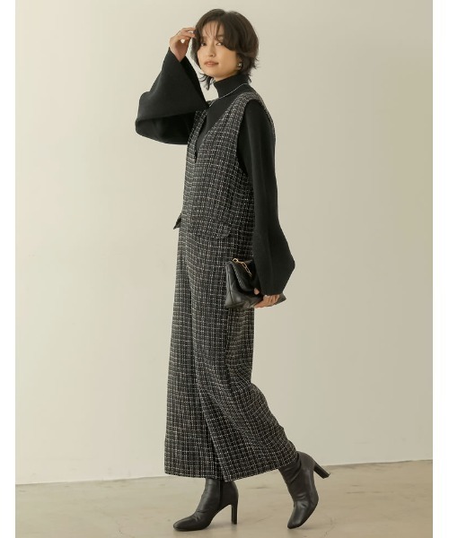 Re:EDIT（リエディ）の「[低身長/高身長サイズ有]ツイードライクVネックオールインワン（つなぎ/オールインワン・レディース・ベージュ系その他/ブラック系その他・MEDIUM/TALL/LARGE/SHORT）」の22枚目の写真