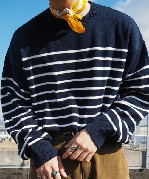 PLUS ONE(プラスワン)の「【PLUS ONE】ミラノリブクルーニット(ニット/セーター・メンズ・ブルー/オレンジ/ブラック/ホワイト×ネイビー/グリーン/オフホワイト/ネイビー×ホワイト/ダークベージュ・S/M/XL/L)」の3枚目の写真