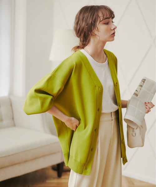 ANGIE(アンジー)の「【前後2WAY】スポンジニットVネックカーディガン(カーディガン/ボレロ・レディース・オレンジ/ライム/アイボリー/ブラック/ブルー・FREE)」の1枚目の写真