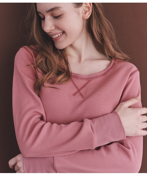 PEACH JOHN（ピーチジョン）の「【ワッフル素材の上下セットアップ。冷え対策の腹巻き付き】サーマルリラックスＨＡＲＡマキパジャマ（ルームウェア/パジャマ・レディース・ピンク/アイボリー/グレー/ベージュ/ラベンダー/イエロー系その他/レッド/ベビーピンク/イエロー・S/M/M/L）」の13枚目の写真